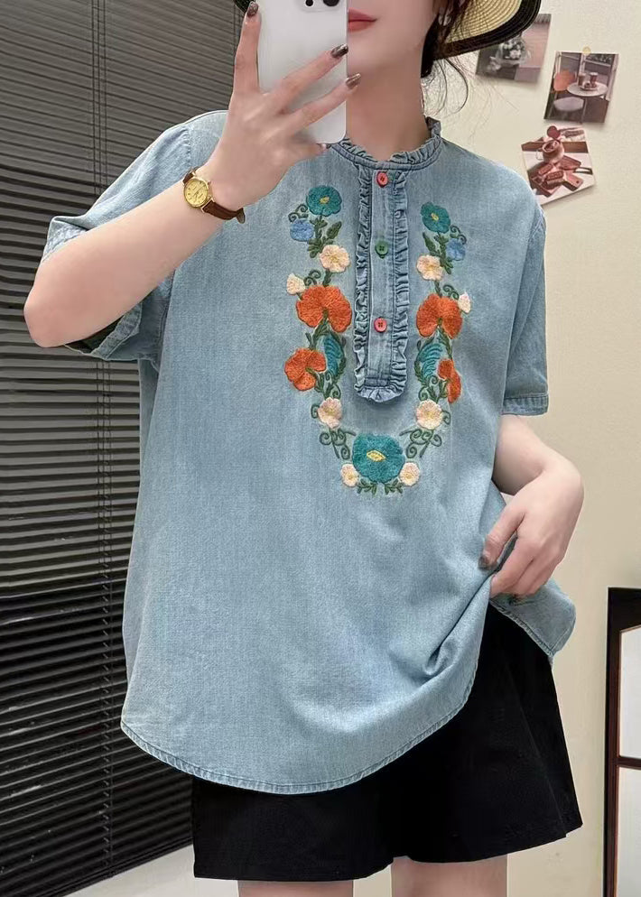 Light Blue Denim Blouses Ruffled Embroidered Summer