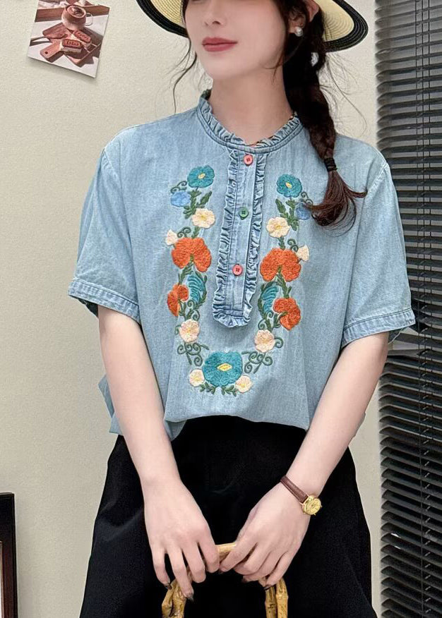 Light Blue Denim Blouses Ruffled Embroidered Summer
