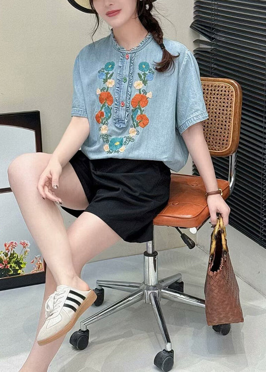 Light Blue Denim Blouses Ruffled Embroidered Summer