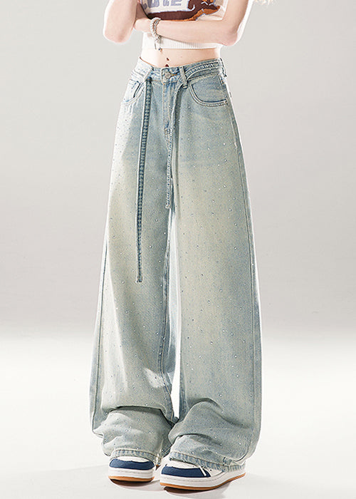 Light Blue Gradient Color Pockets High Waist Denim Pants Zircon