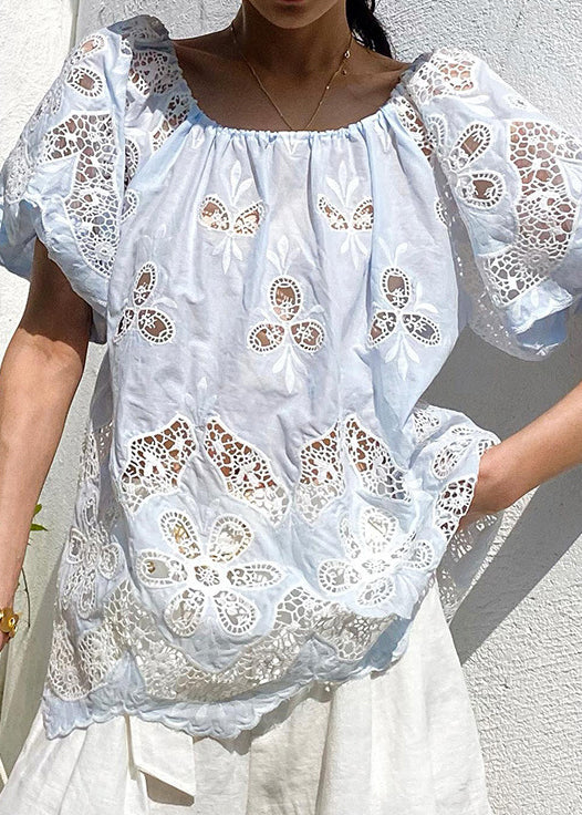 Light Blue Hollow Out Cotton Top Embroidered Puff Sleeve