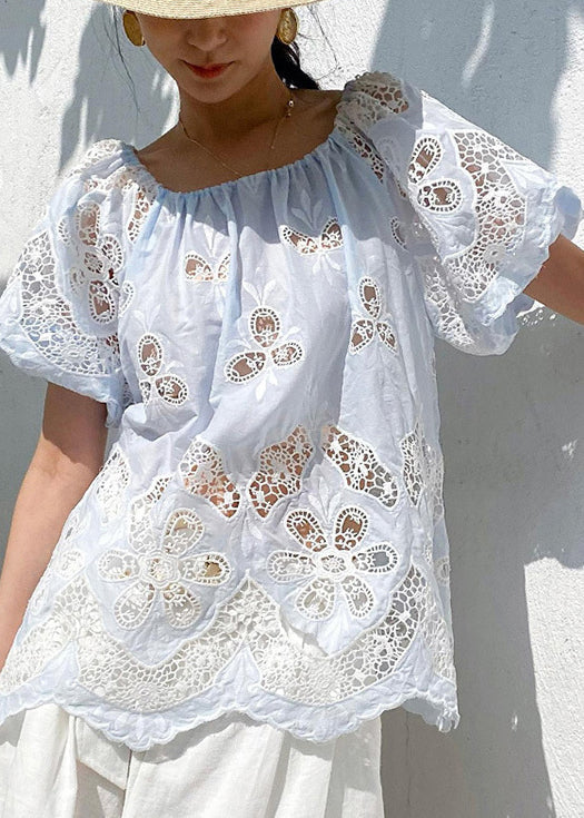 Light Blue Hollow Out Cotton Top Embroidered Puff Sleeve