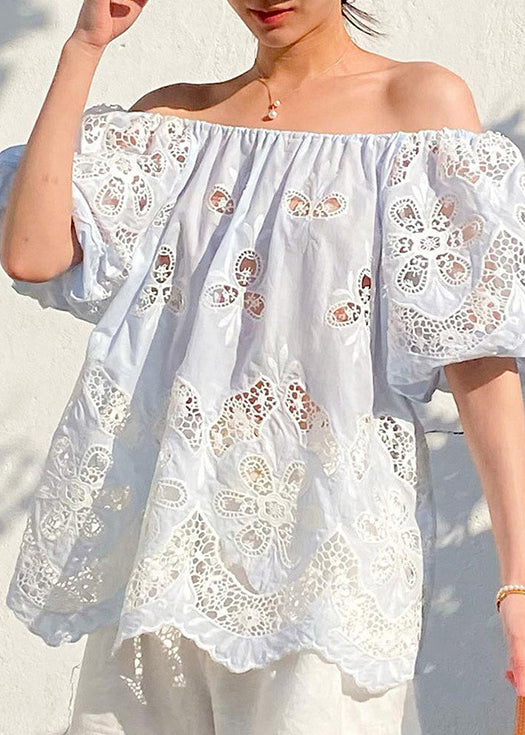 Light Blue Hollow Out Cotton Top Embroidered Puff Sleeve
