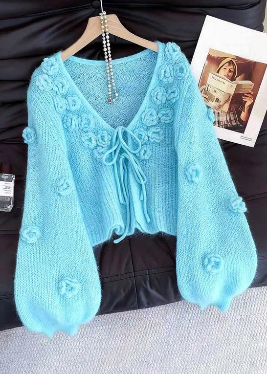 Light Blue Original Design Lace Up Solid Knit Cardigan Floral Fall