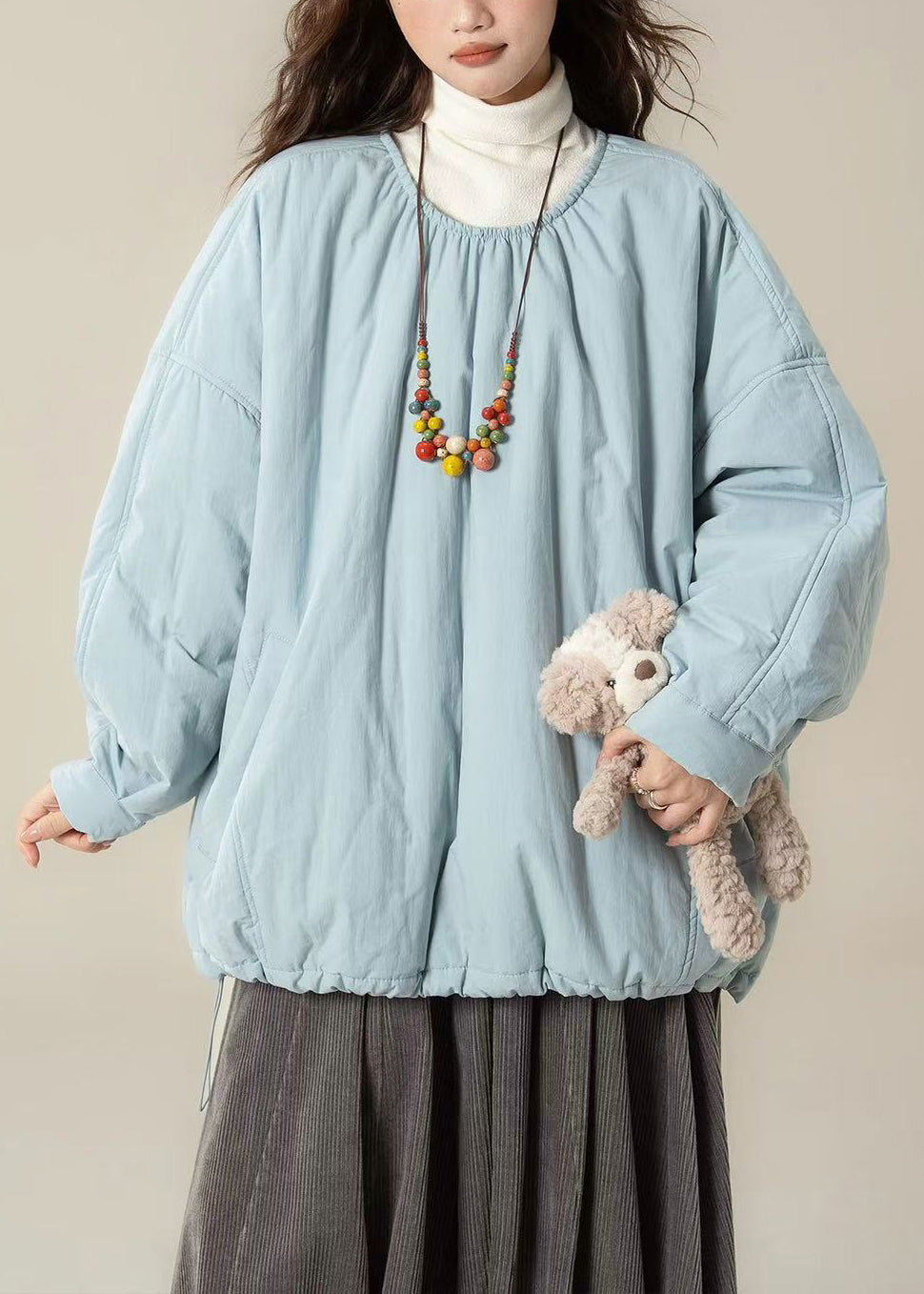 Light Blue Pockets Oversized Cotton Filled Winter Parkas O Neck
