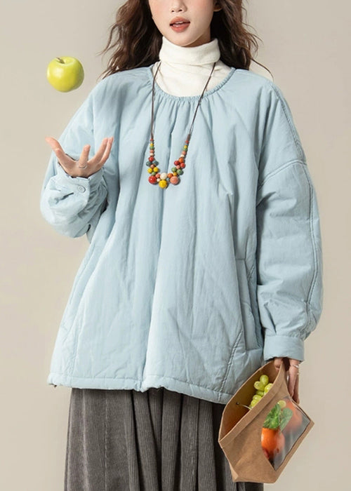 Light Blue Pockets Oversized Cotton Filled Winter Parkas O Neck