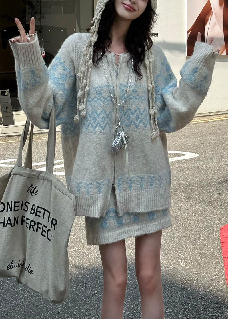 Light Blue Print Knit Two Pieces Set Zip Up Spring