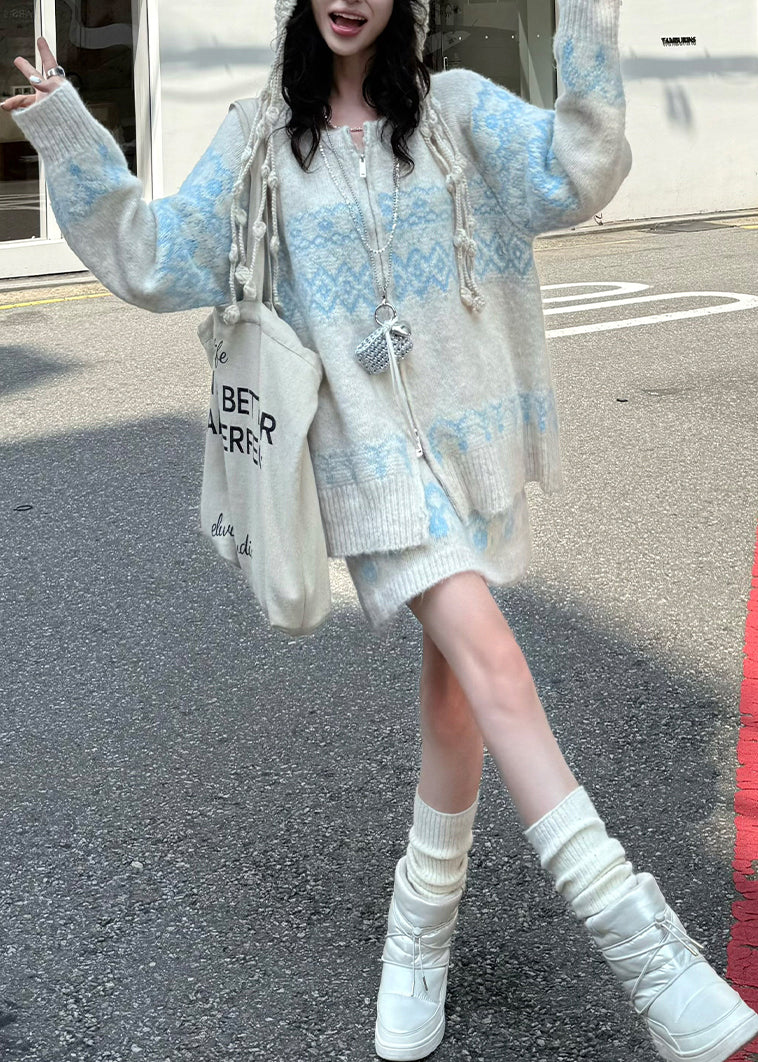 Light Blue Print Knit Two Pieces Set Zip Up Spring