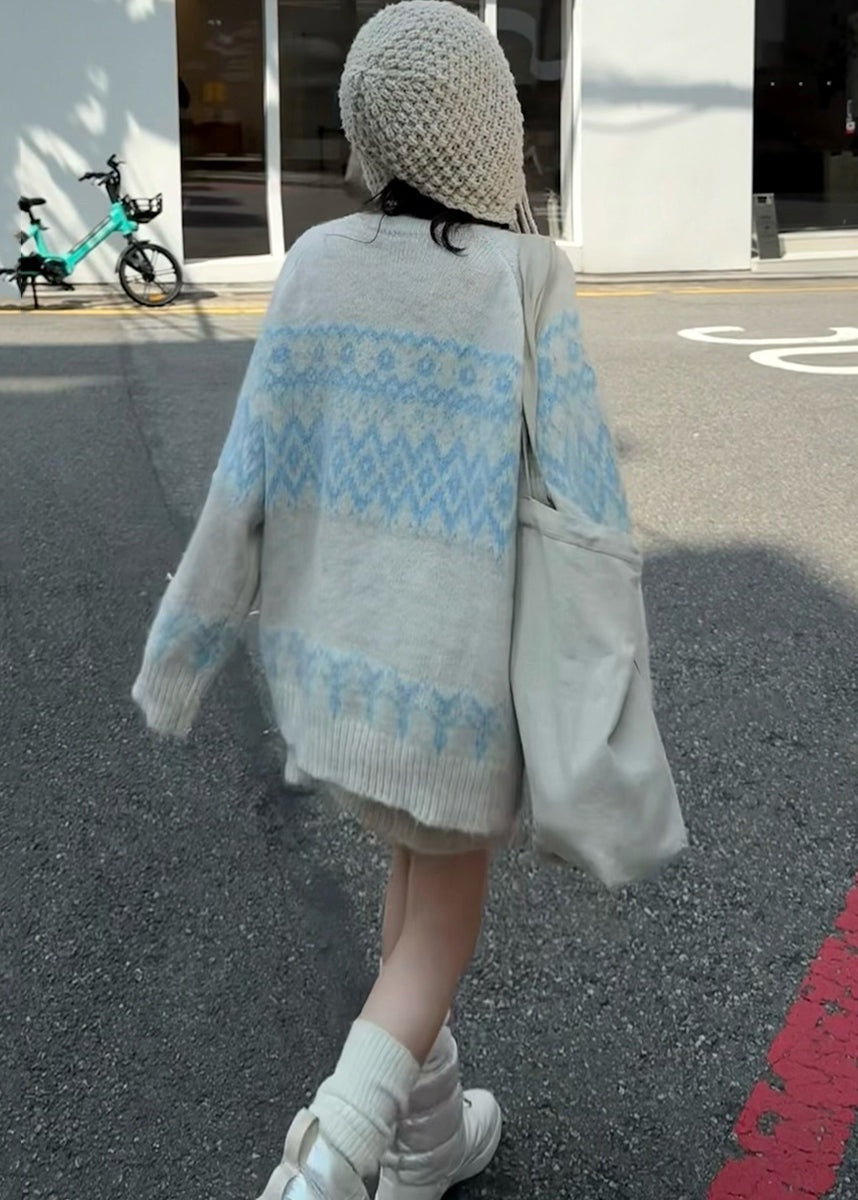 Light Blue Print Knit Two Pieces Set Zip Up Spring