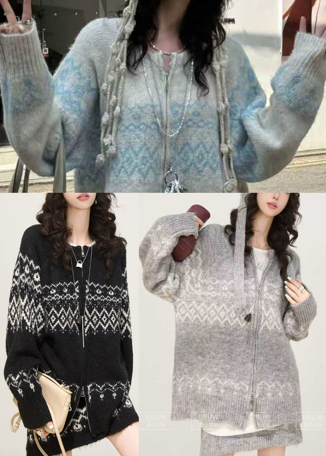 Light Blue Print Knit Two Pieces Set Zip Up Spring