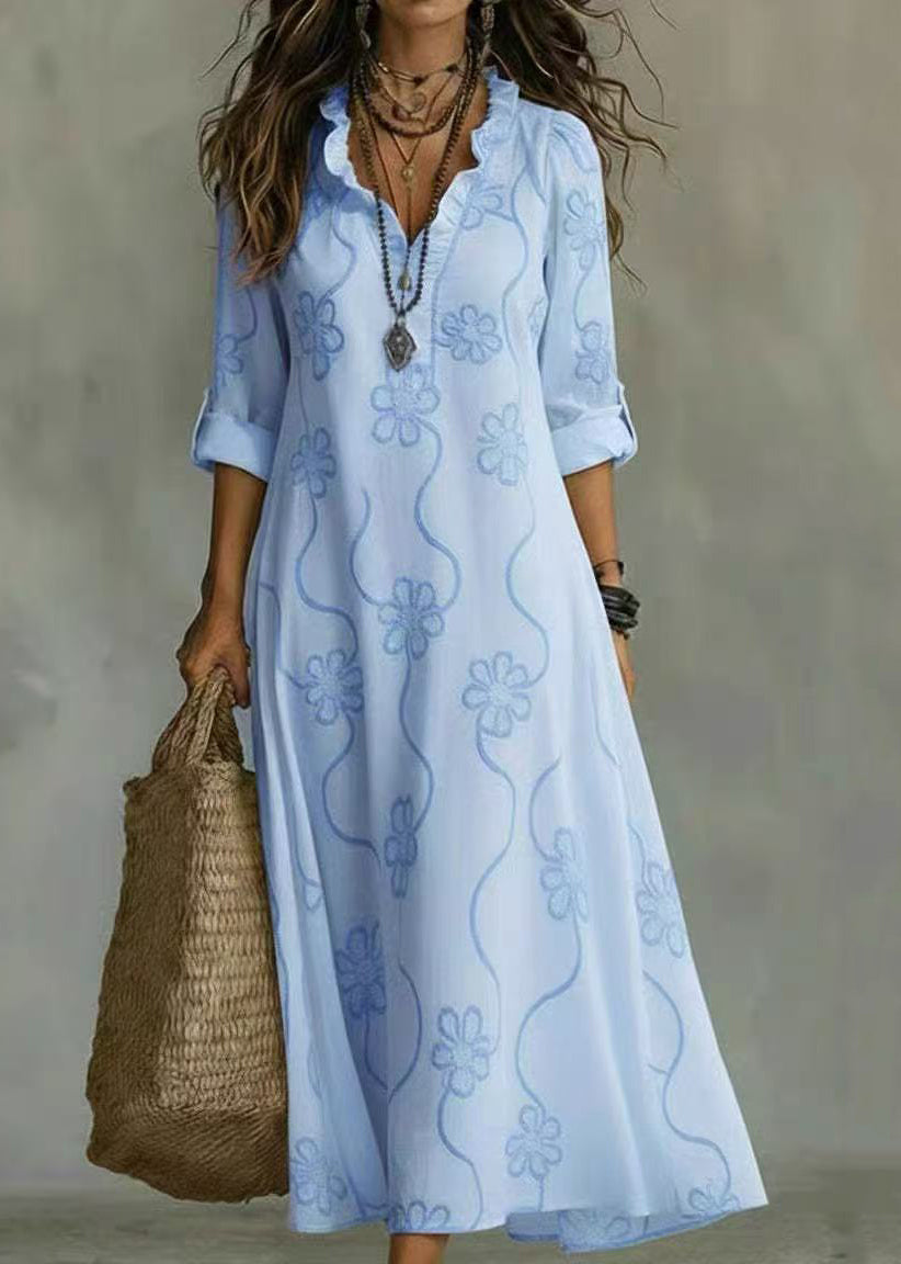 Light Blue Print Long Dress V Neck Ruffled Long Sleeve
