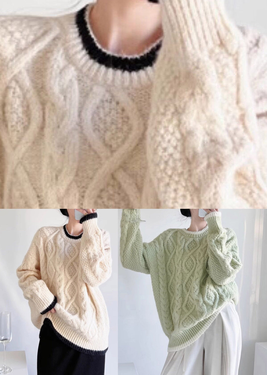 Light Green Cable Solid Cotton Knit Sweater Long Sleeve
