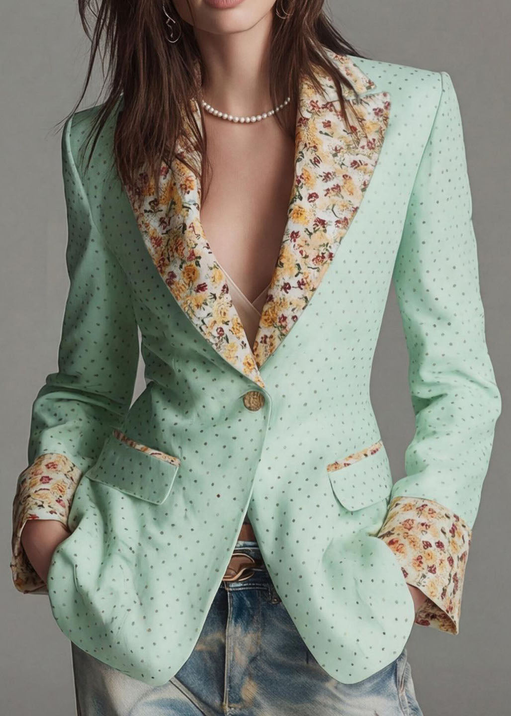 Light Green Dot Print Patchwork Cotton Suit Coat Peter Pan Collar Fall
