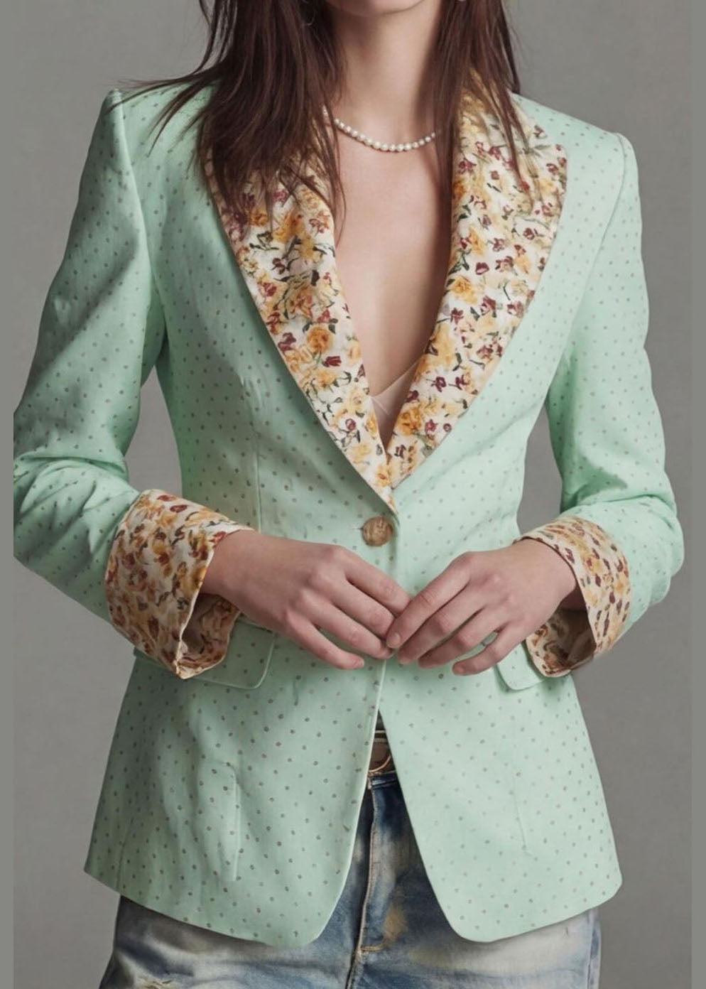 Light Green Dot Print Patchwork Cotton Suit Coat Peter Pan Collar Fall