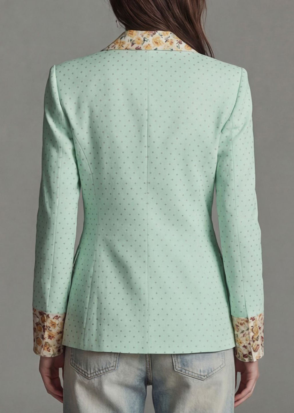 Light Green Dot Print Patchwork Cotton Suit Coat Peter Pan Collar Fall