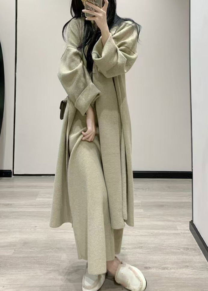 Light Green Knit Maxi Coats And Maxi Dress Two Pieces Set Asymmetrical Long Sleeve