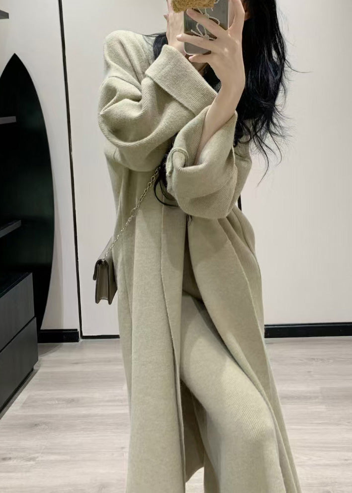 Light Green Knit Maxi Coats And Maxi Dress Two Pieces Set Asymmetrical Long Sleeve