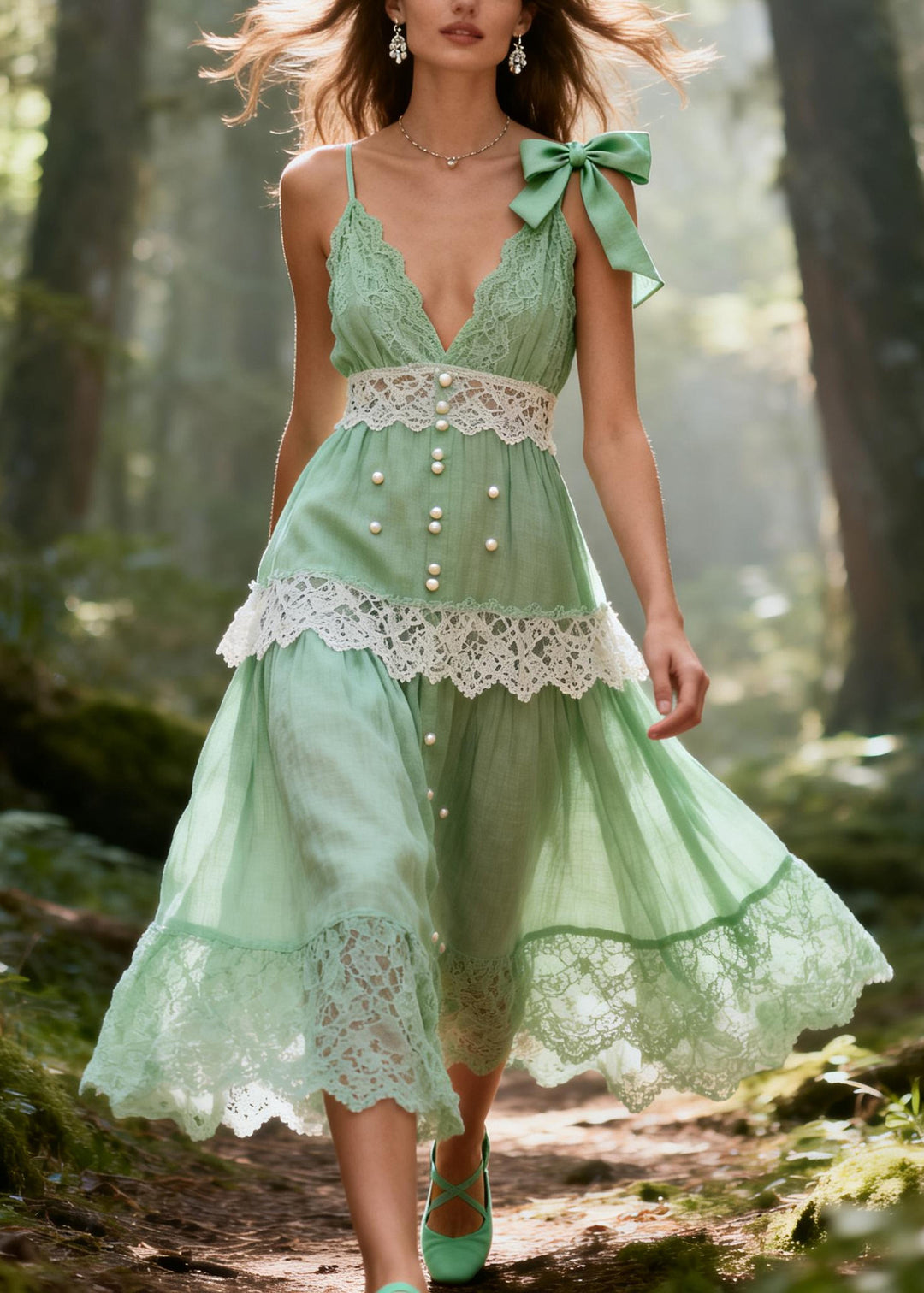 Light Green Patchwork Lace Sundress Fine Pearl Bow Summer