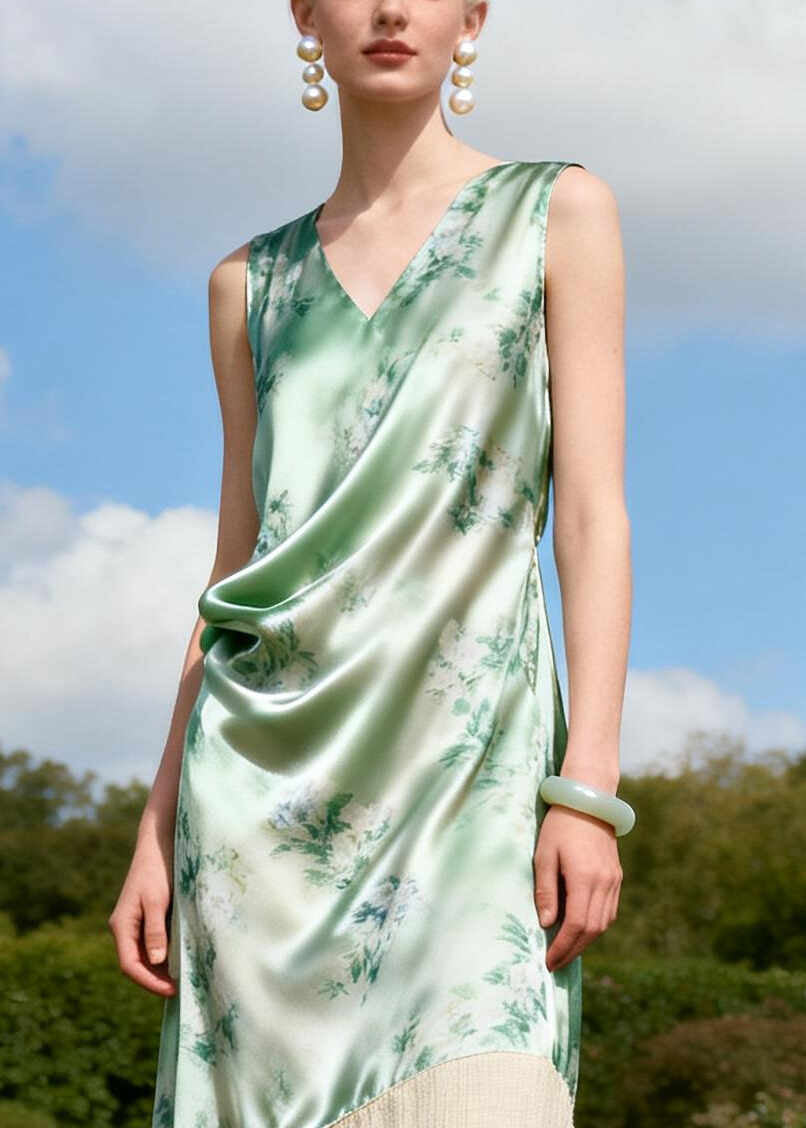 Light Green Patchwork Linen Silk Long Dress Print Sleeveless