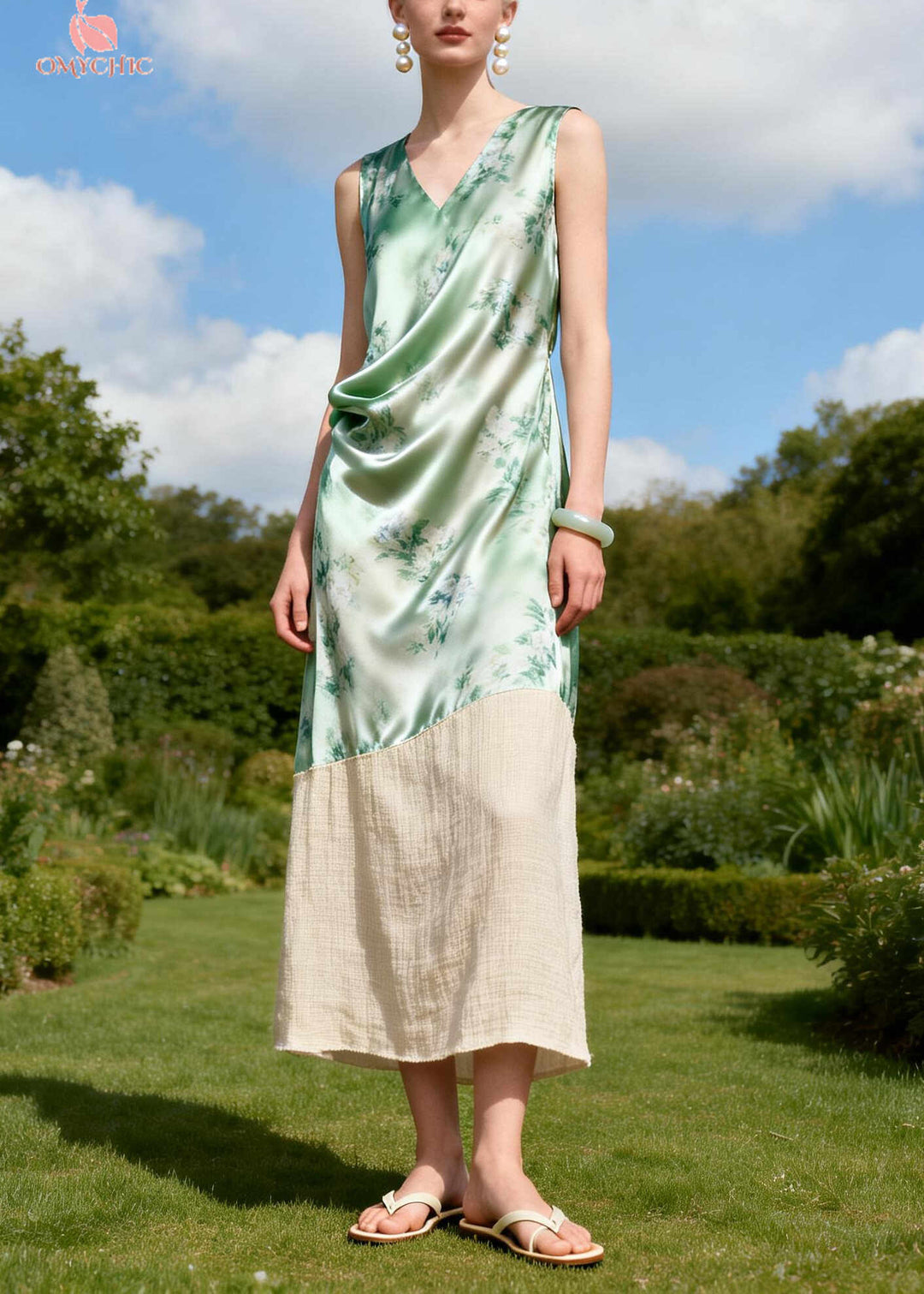 Light Green Patchwork Linen Silk Long Dress Print Sleeveless