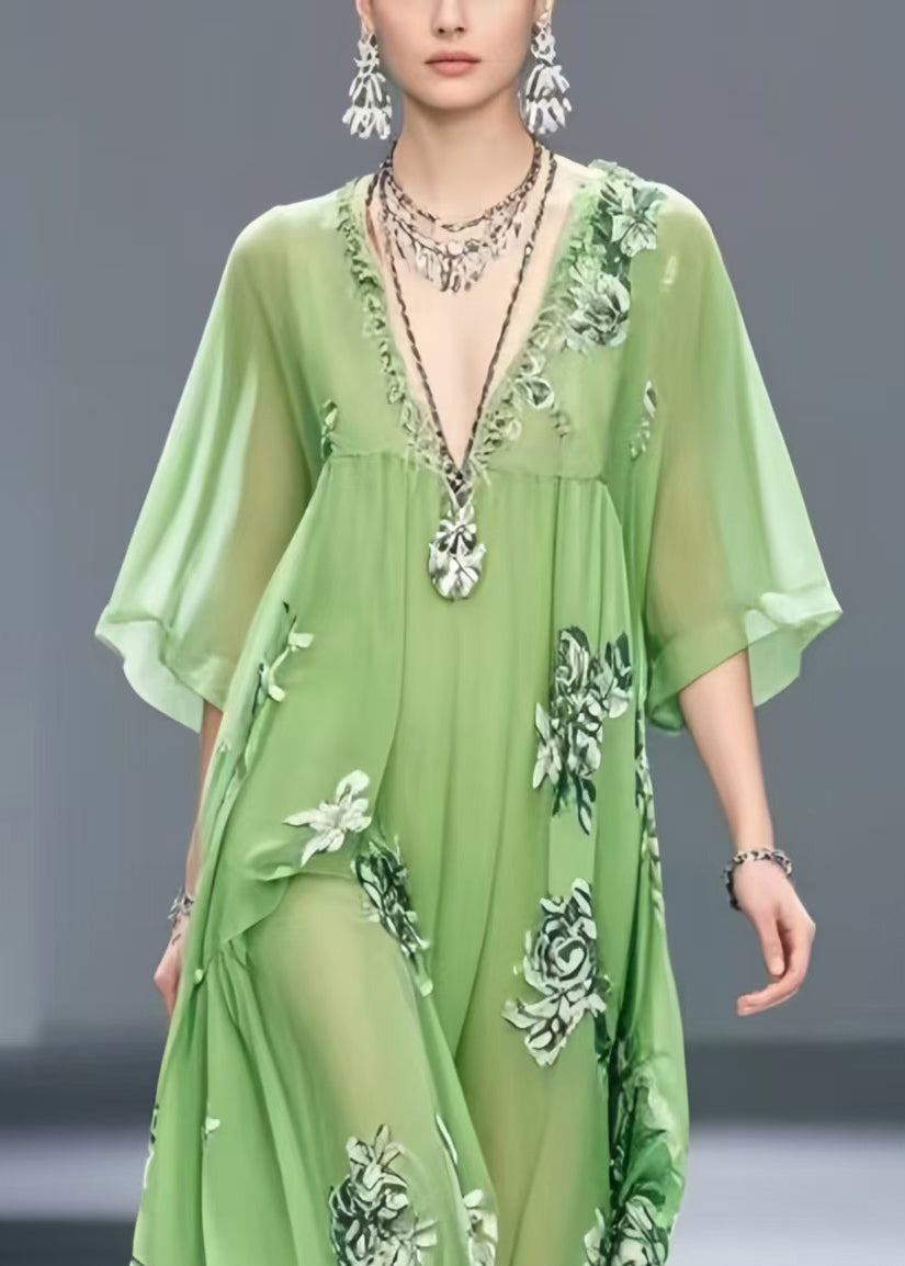 Light Green Print Chiffon Maxi Dress Exra Large Hem Summer