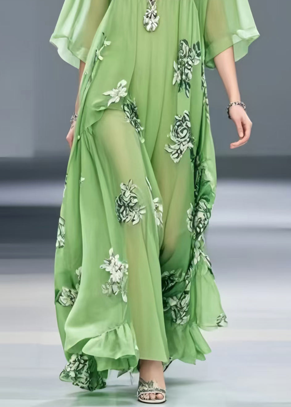 Light Green Print Chiffon Maxi Dress Exra Large Hem Summer