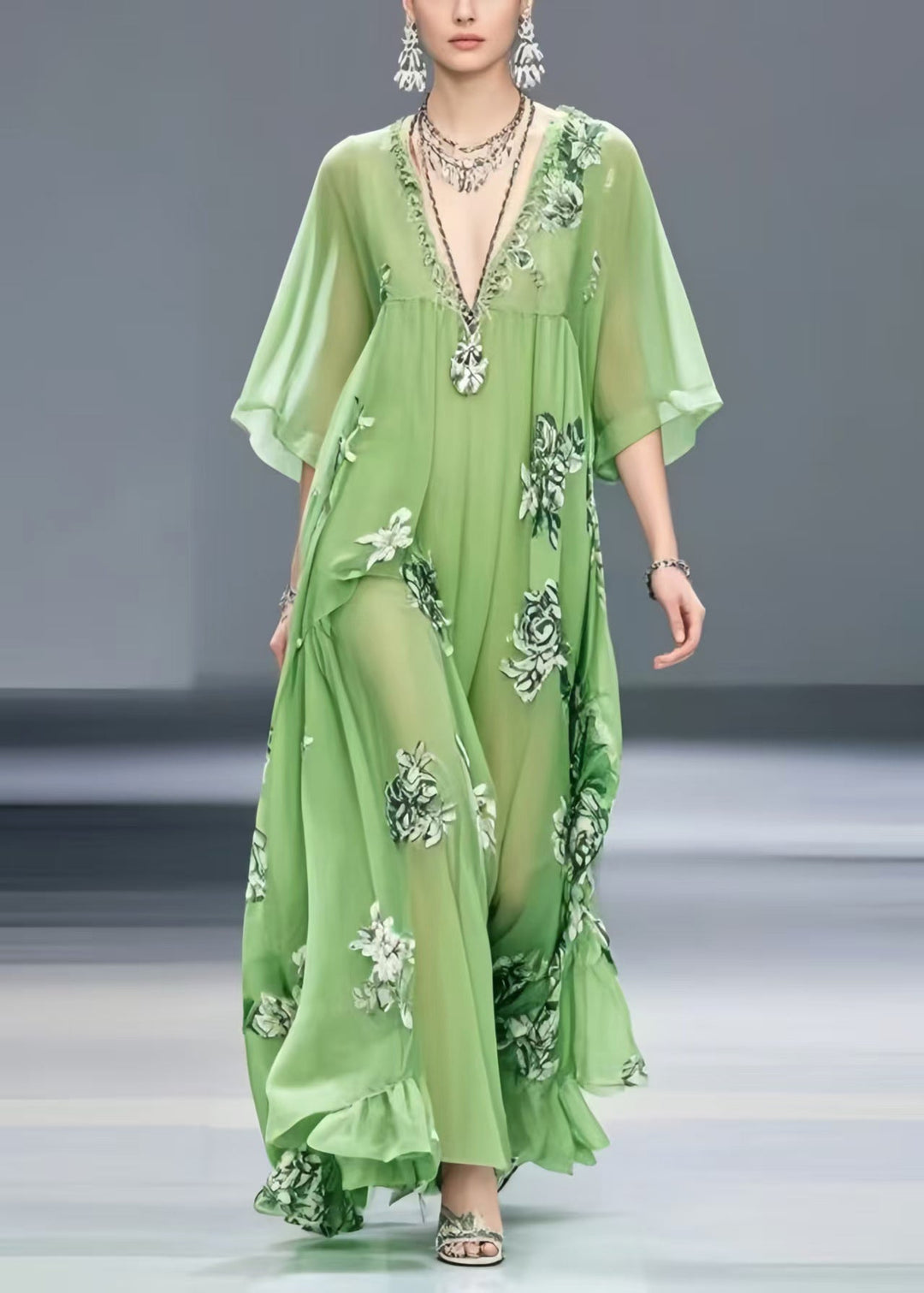 Light Green Print Chiffon Maxi Dress Exra Large Hem Summer