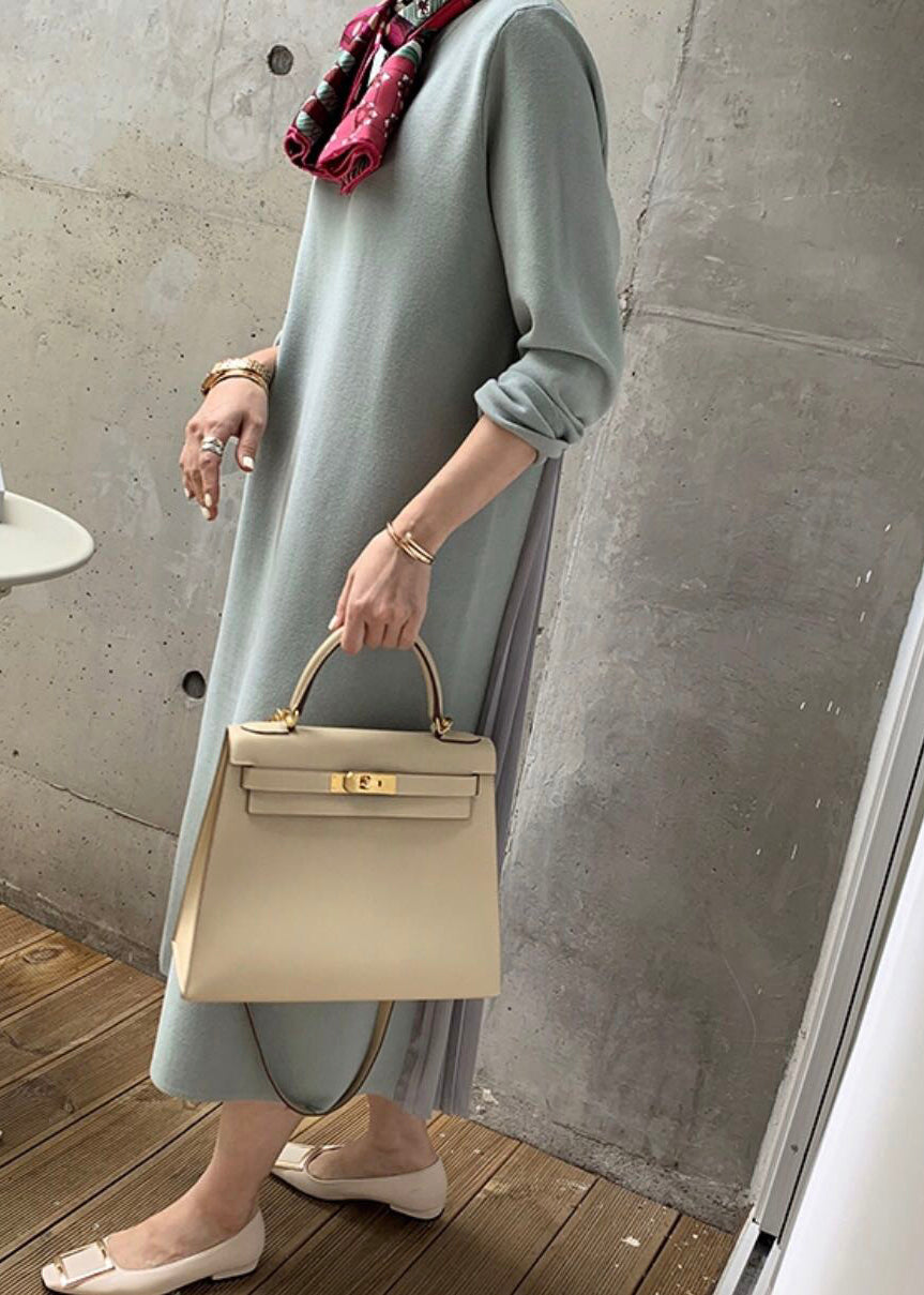 Light Green Wrinkled Solid Patchwork Cotton Winter Sweatshirt Dresses O Neck