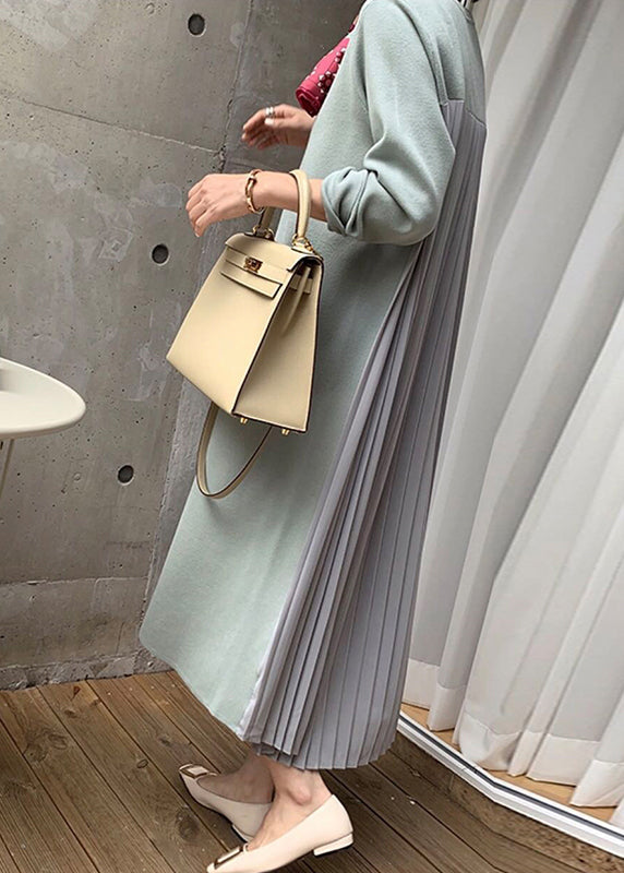 Light Green Wrinkled Solid Patchwork Cotton Winter Sweatshirt Dresses O Neck