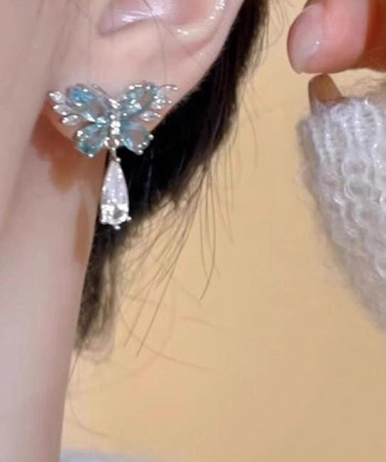 Light Luxury Blue Crystal Butterfly Metal Stud Earrings