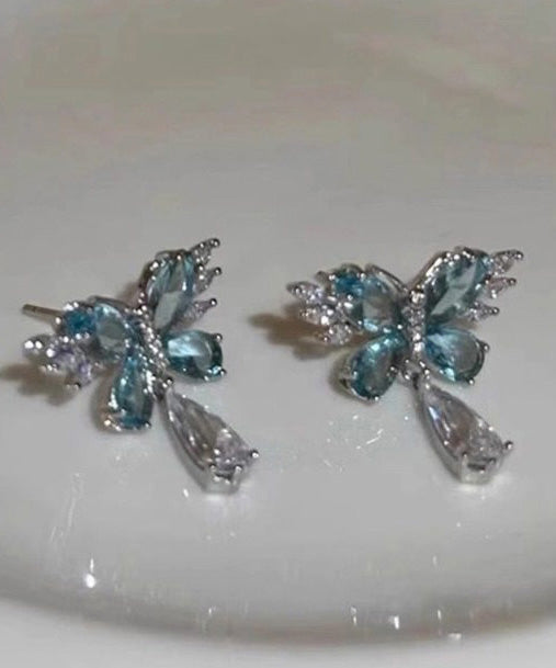 Light Luxury Blue Crystal Butterfly Metal Stud Earrings