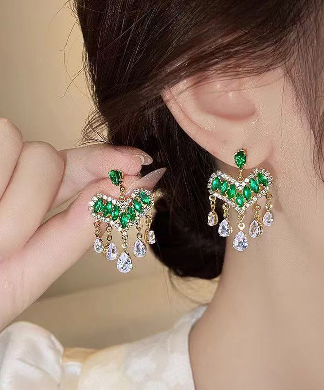 Light Luxury Green Zircon Heart-Shaped Tassel Stud Earrings