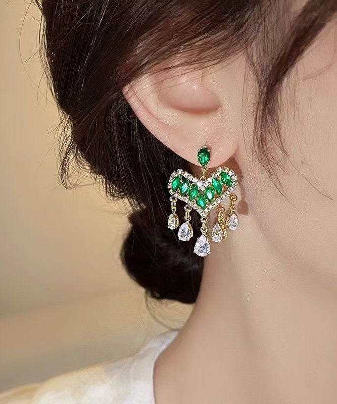 Light Luxury Green Zircon Heart-Shaped Tassel Stud Earrings