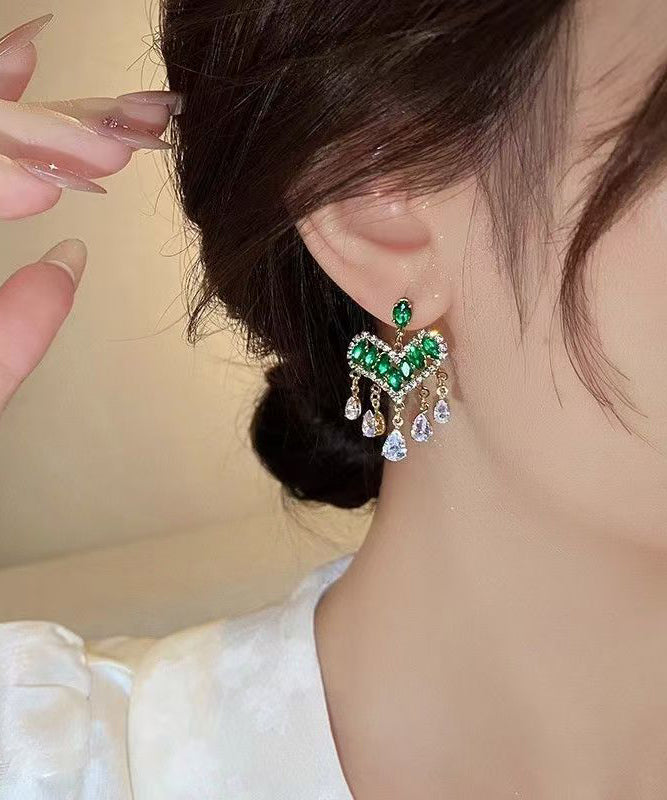 Light Luxury Green Zircon Heart-Shaped Tassel Stud Earrings