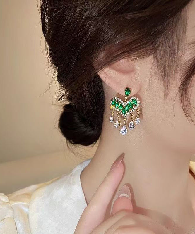 Light Luxury Green Zircon Heart-Shaped Tassel Stud Earrings