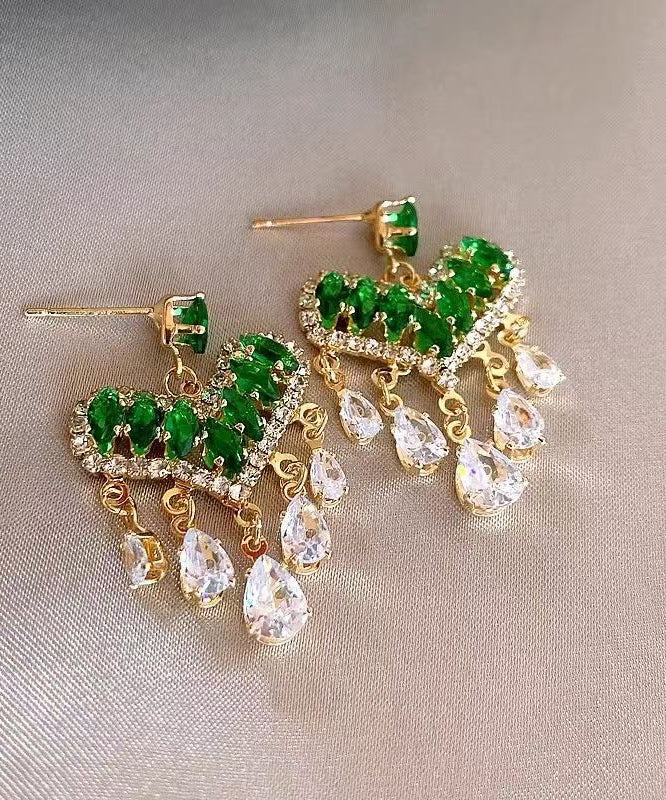 Light Luxury Green Zircon Heart-Shaped Tassel Stud Earrings
