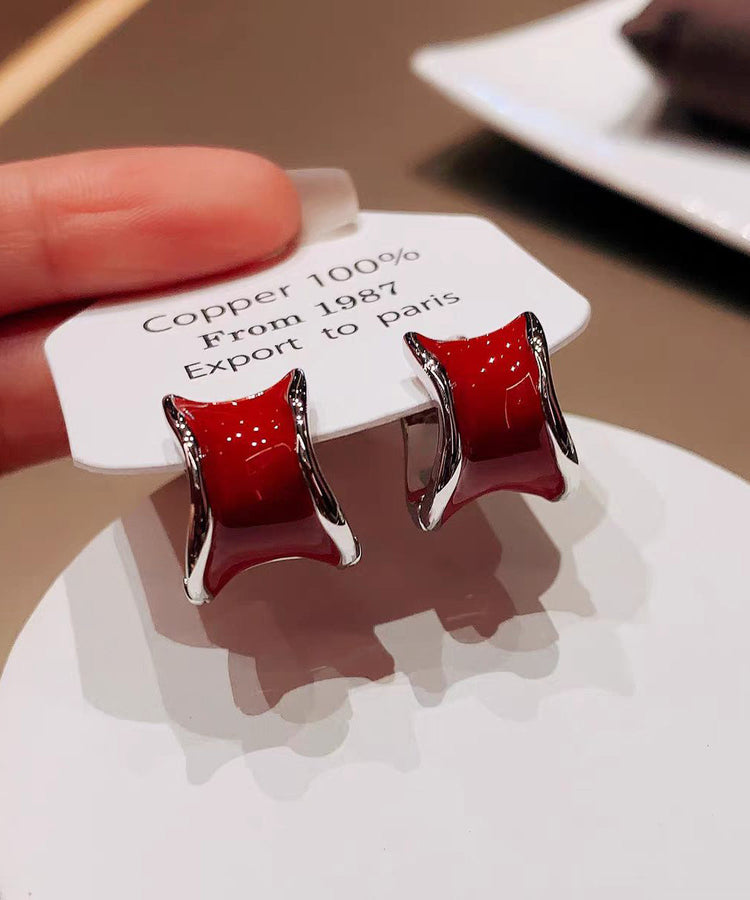 Light Luxury Irregular Wine Red Copper Hoop Earrings - Omychic