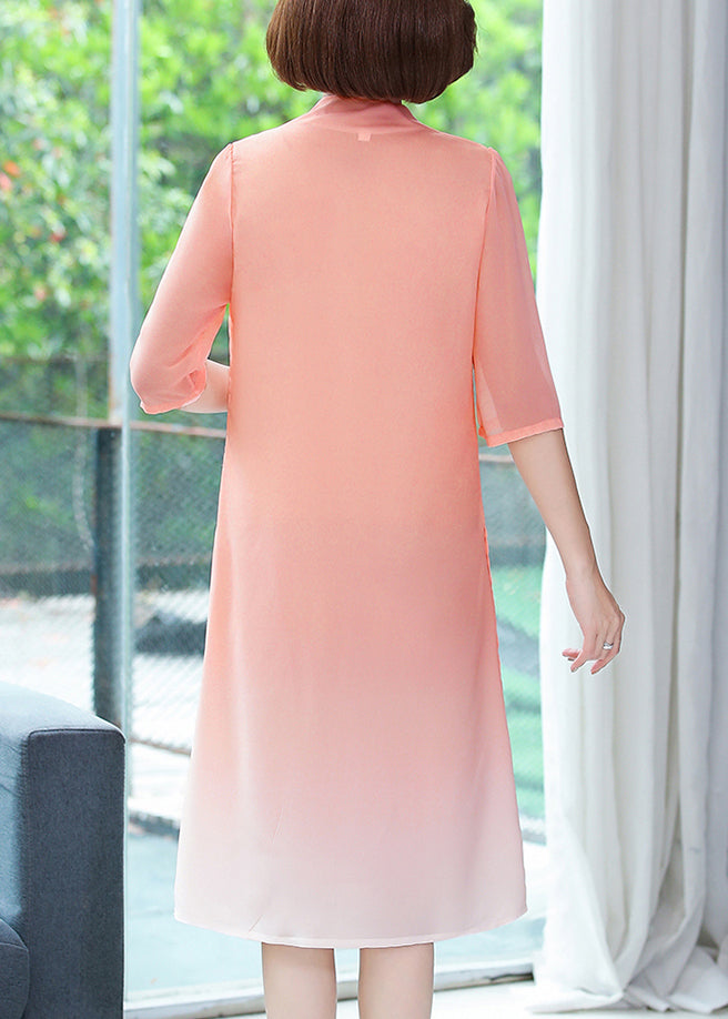 Light Orange Print Chiffon Dress Stand Collar Half Sleeve