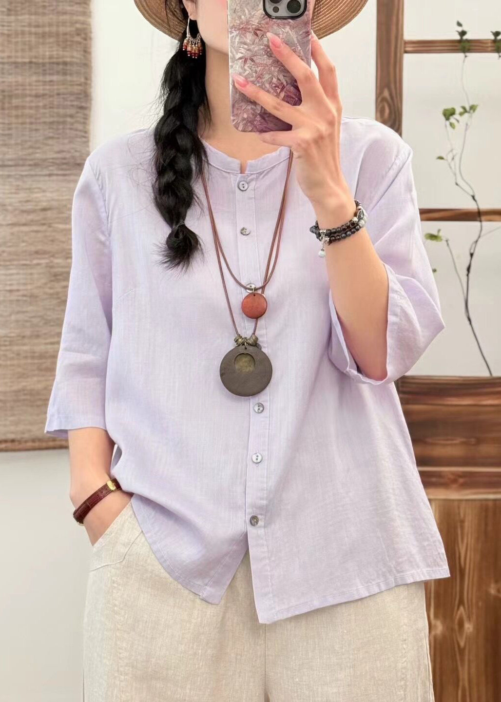 Light Purple Button Side Open Cotton Blouses O Neck Fall