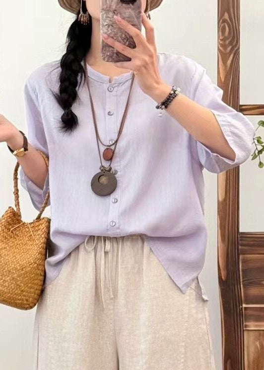 Light Purple Button Side Open Cotton Blouses O Neck Fall