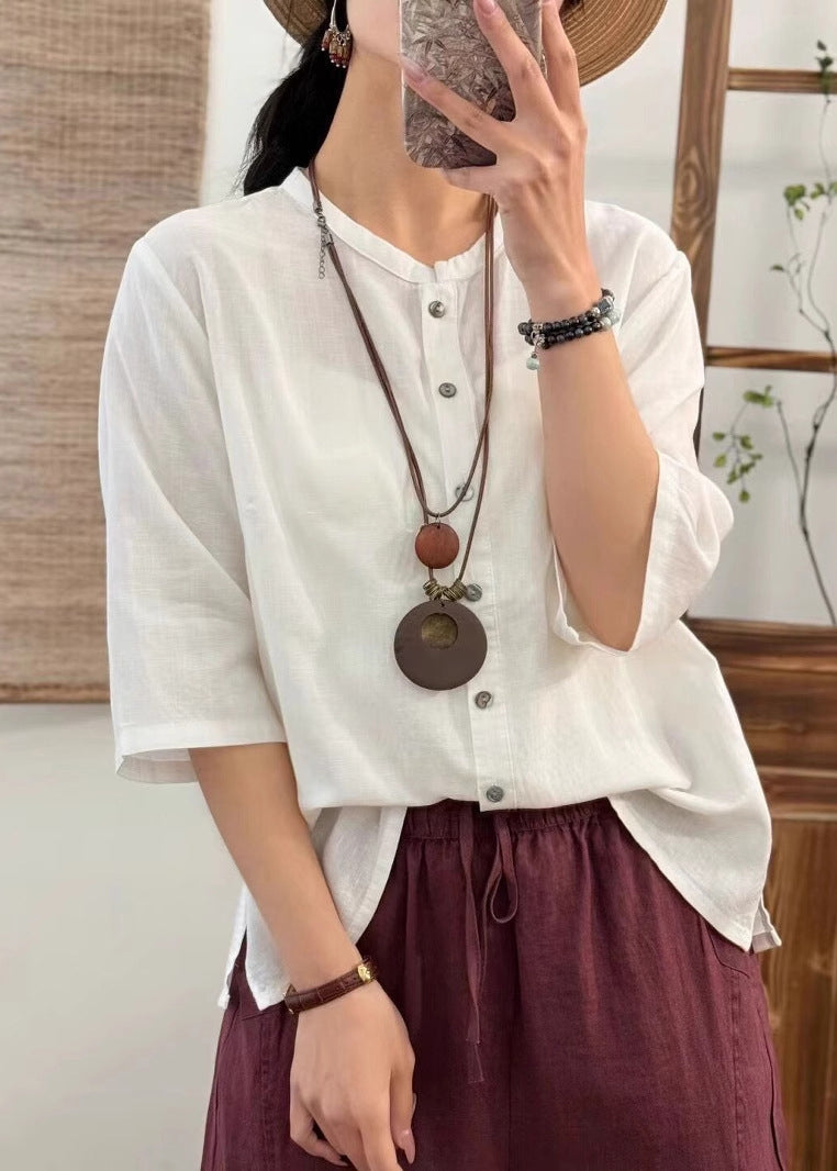 Light Purple Button Side Open Cotton Blouses O Neck Fall