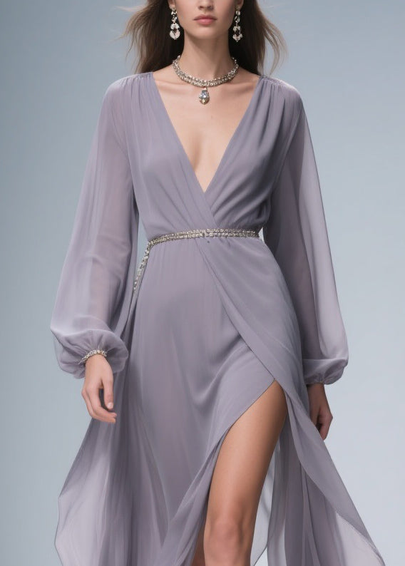 Light Purple Wrinkled Side Open Chiffon Ankle Dress V Neck