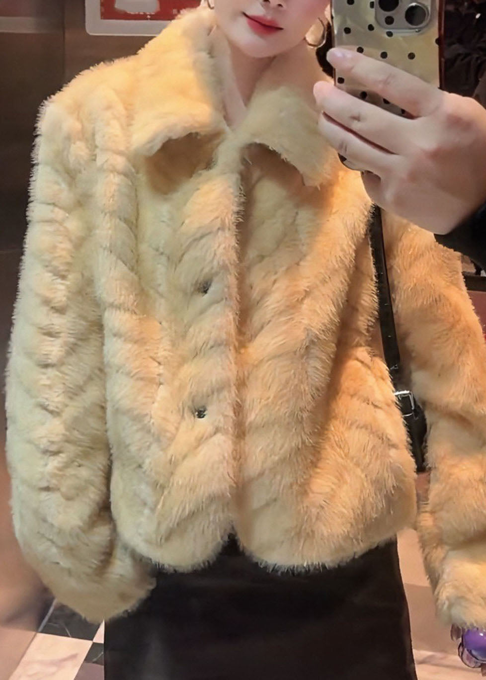 Light Yellow Patchwork Button Mink Hair Coats Long Sleeve