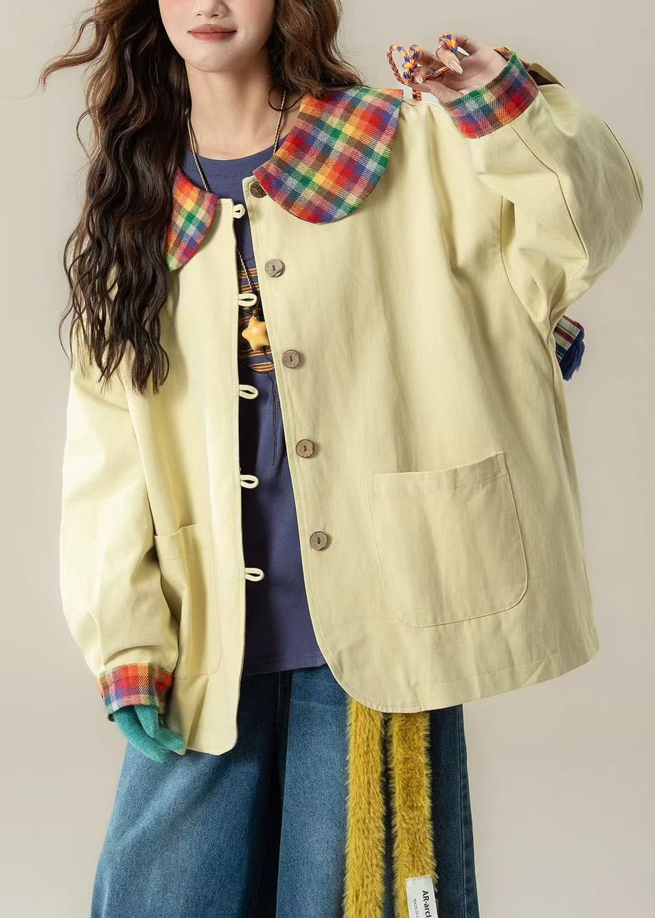 Light Yellow Patchwork Cotton Jackets Oversized Pockets Spring