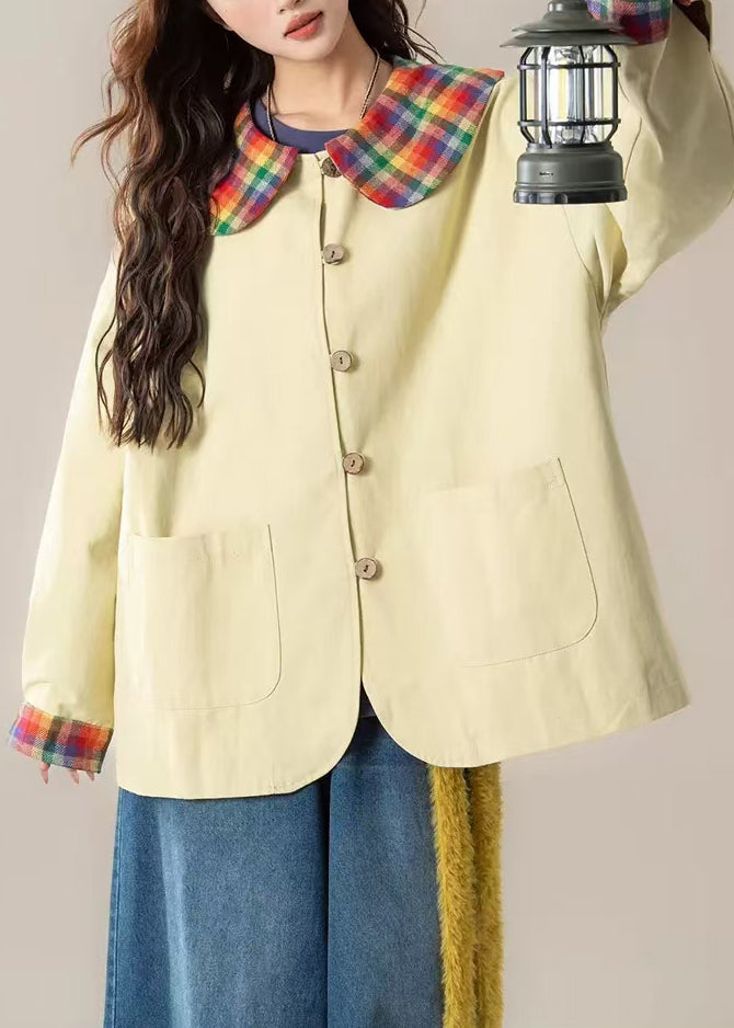 Light Yellow Patchwork Cotton Jackets Oversized Pockets Spring