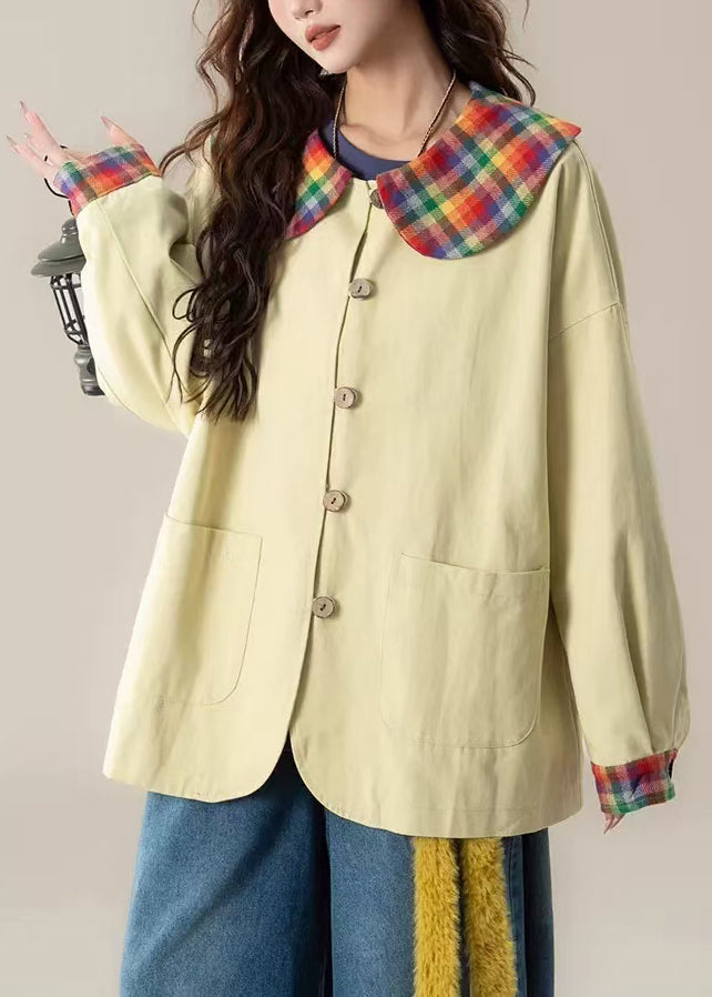 Light Yellow Patchwork Cotton Jackets Oversized Pockets Spring