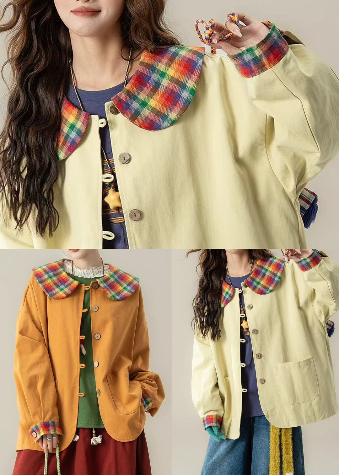 Light Yellow Patchwork Cotton Jackets Oversized Pockets Spring