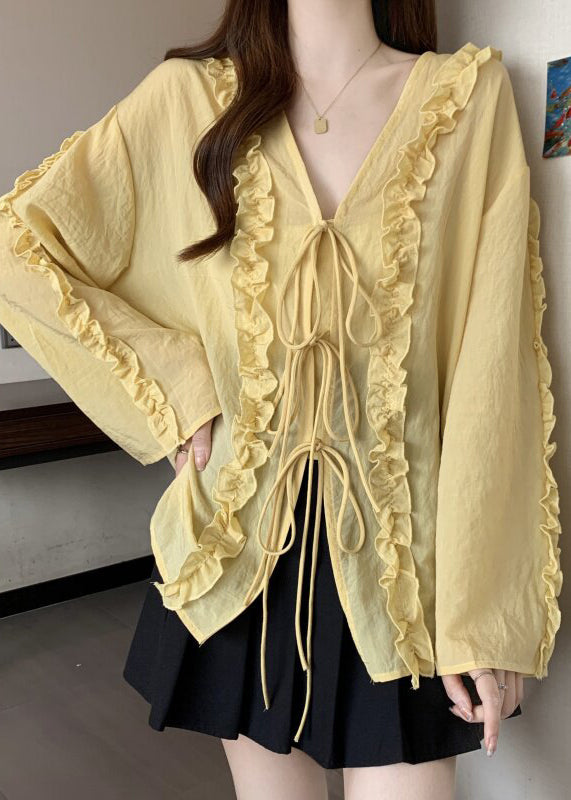 Light Yellow Tie Lace Chiffon Top V Neck Fall