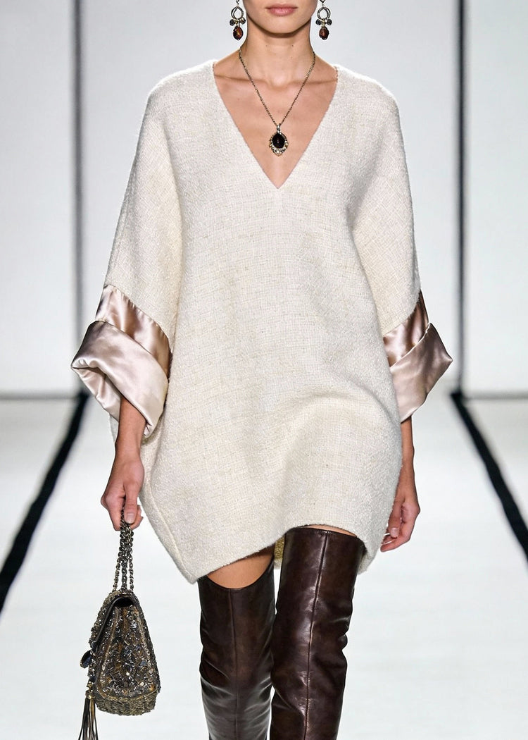 Linen Cozy Silk Patchwork Mini Dress V Neck - Omychic