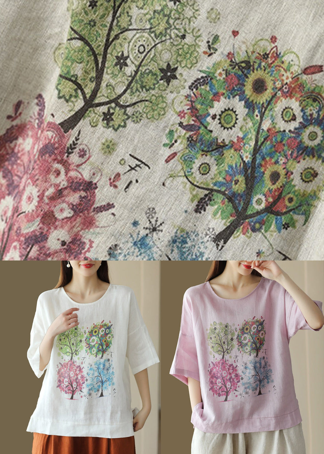 Linen Print Casual Cotton T Shirt O Neck Summer